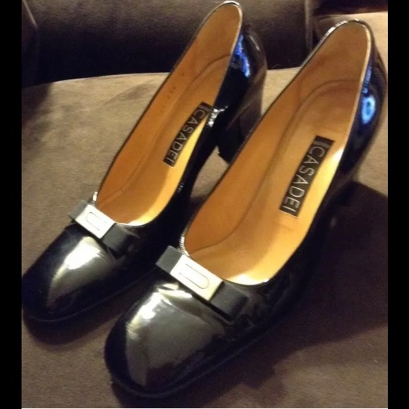 Casadei Shoes - casadei 7 black patent chunky pumps heels